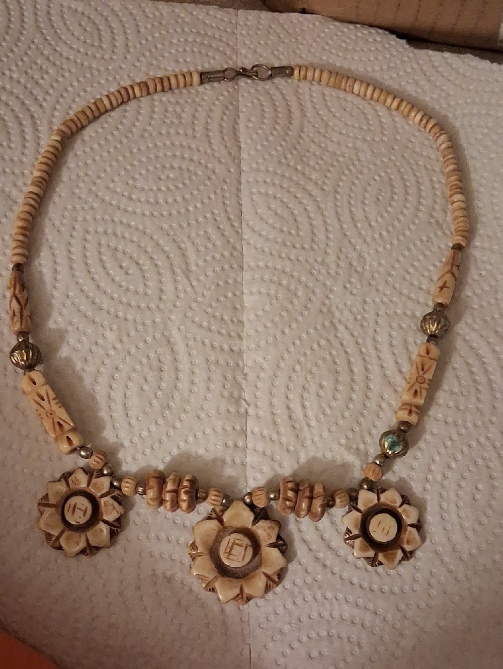 Beige Hand-Carved Floral Pendant Necklace  Artisan Style HELP BLACKIE🐕 RECOVERY